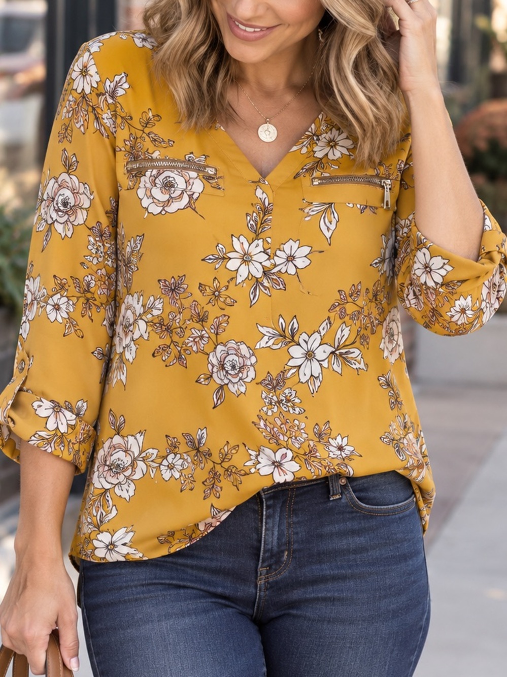 Maurices Mustard Yellow Floral V-Neck Blouse Women’s Medium Zip Pocket